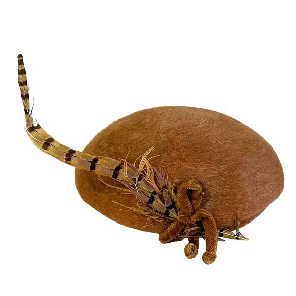 Penny Originals Wool Button Hat Vintage Beret Feather Neuman-Endler Fair Tweed - Picture 2 of 9